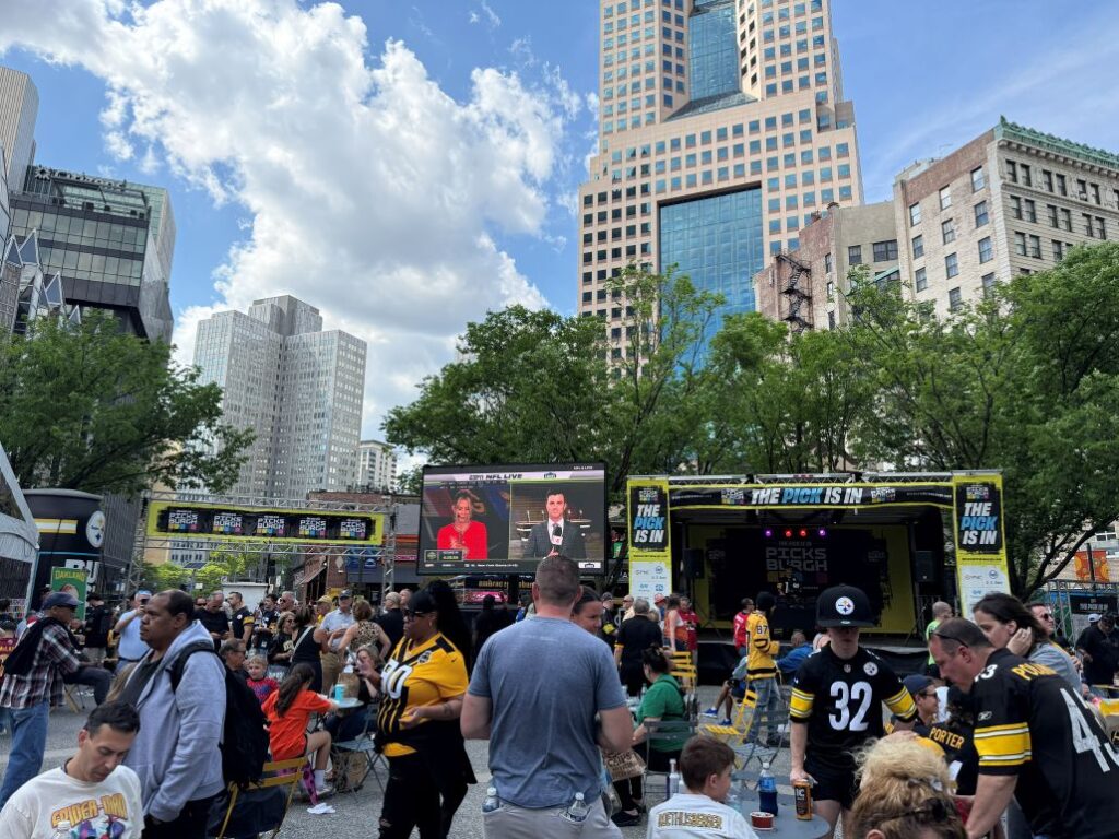 The bandstand and broadcast watching setup inside Market Square